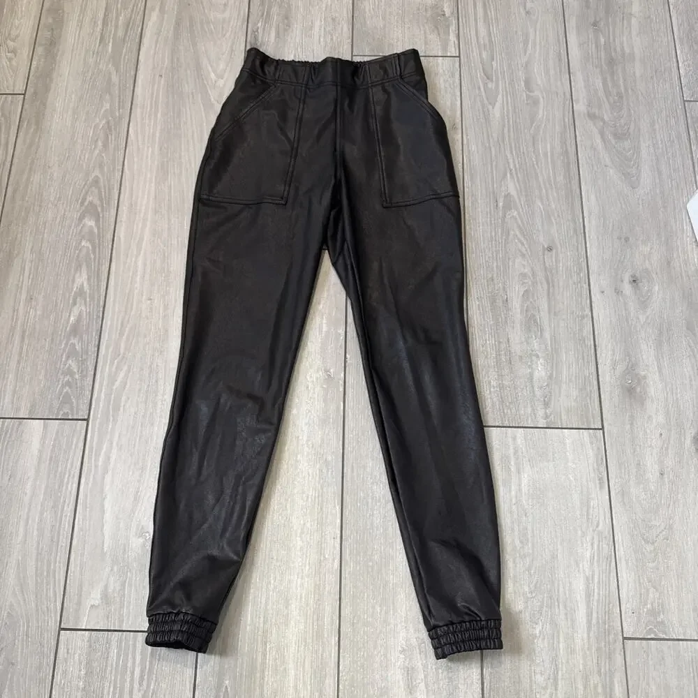 Spanx Leather Like Jogger Black Pull On Pants Faux Vegan Pockets Size Small